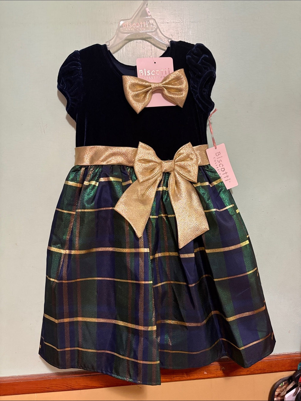 Biscotti Navy Velvet & Gold Bow Plaid Holiday Dress